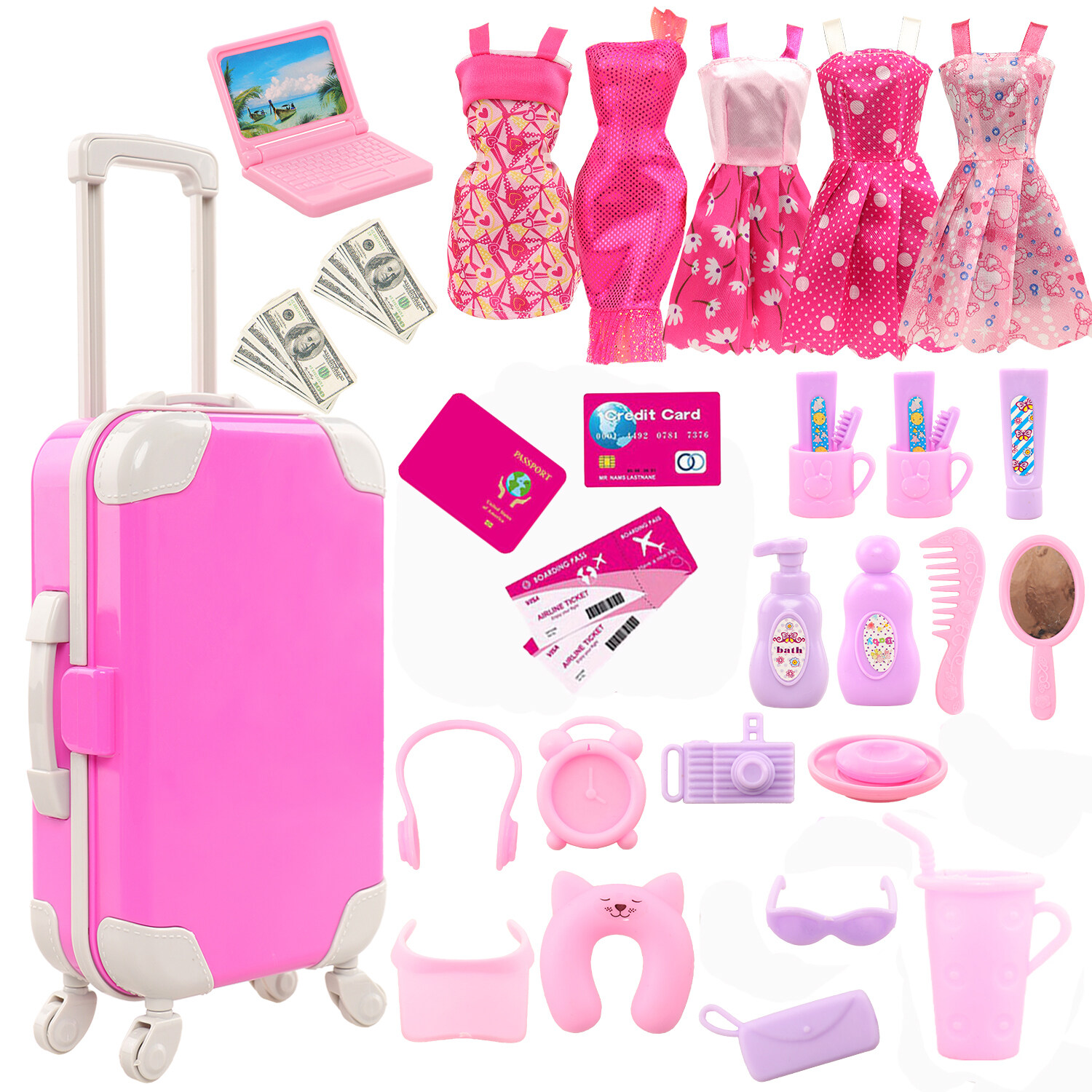41 Items Travel Kits for Doll= Random 5 Pcs Mini Dresses for Barbie Doll+ 1 Computer + 20 Doll Accessories + 15 Toy Cards DIY