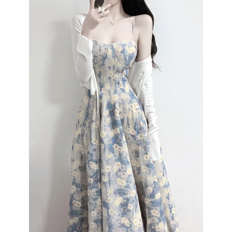 ✎☽❃ French blue oil painting long dress beach skirt floral suspender dress female 2023 summer fairy style high-end