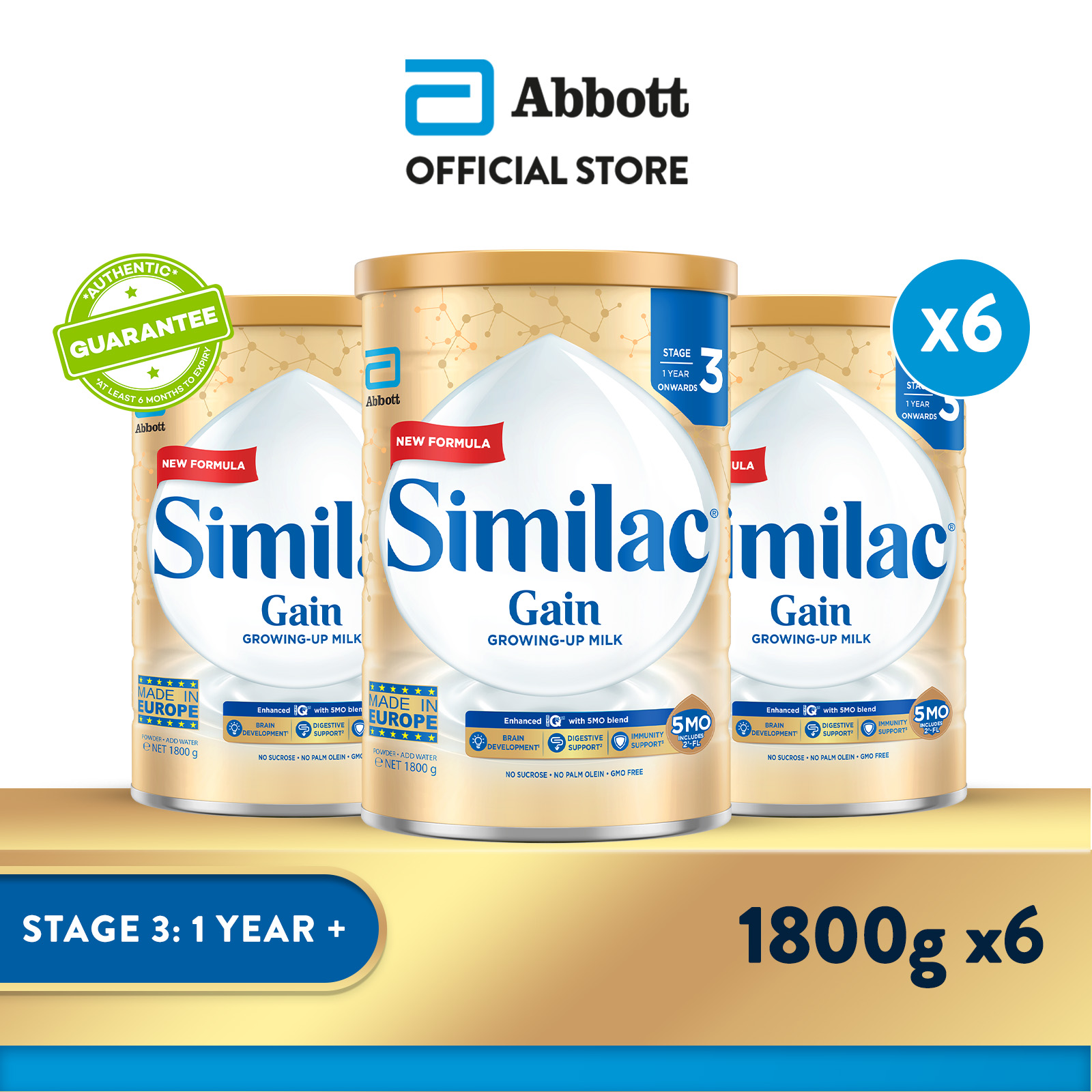 [Bundle of 6] Similac Gain 5MO Stage 3 Growing-Up Baby Milk Powder Formula 1.8kg (1 year onwards)