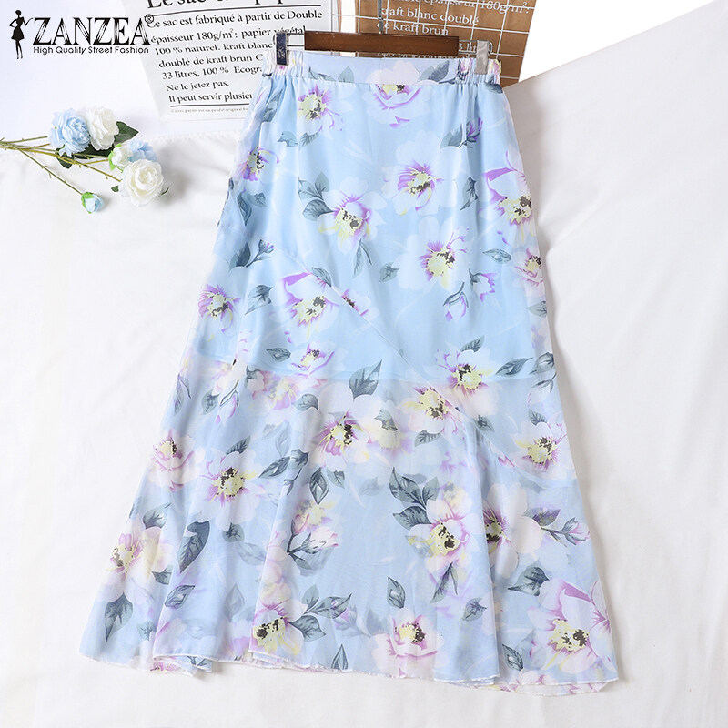 [Clearance Sale]ZANZEA Women Fashion Casual Floral Pleated Skirt High Waist A-Line Beach Skirts #2 CLE