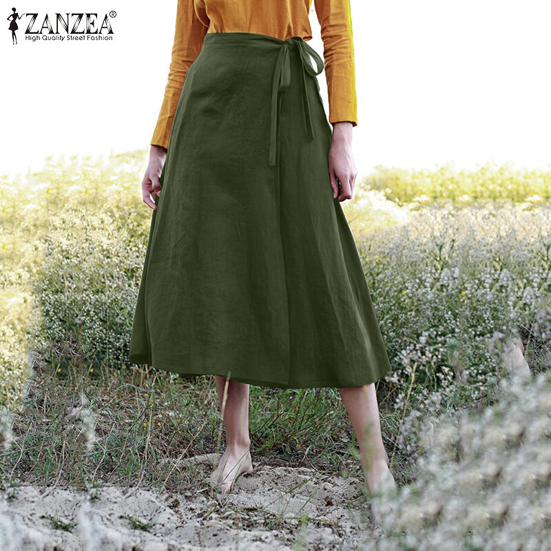 ZANZEA Women Summer Lace Up Waist One-piece Design Skirts Loose A-Line Plain Maxi Skirt